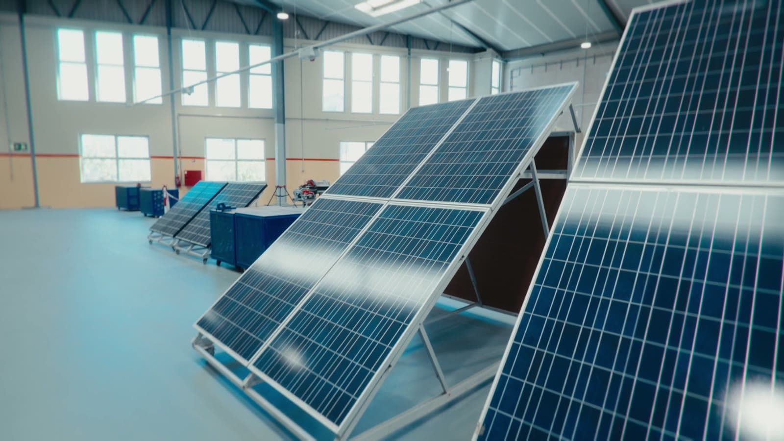 Painéis solares montados em estruturas inclinadas no pavilhão de formação