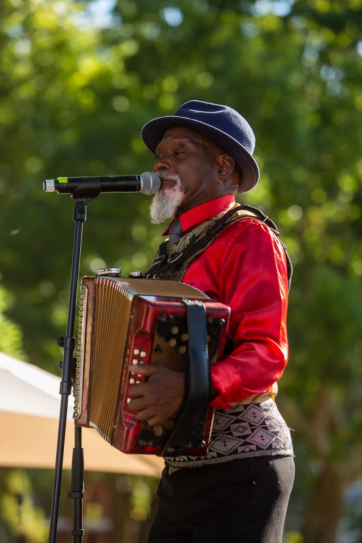 Acordeonista de chapéu e camisa vermelha a cantar ao microfone