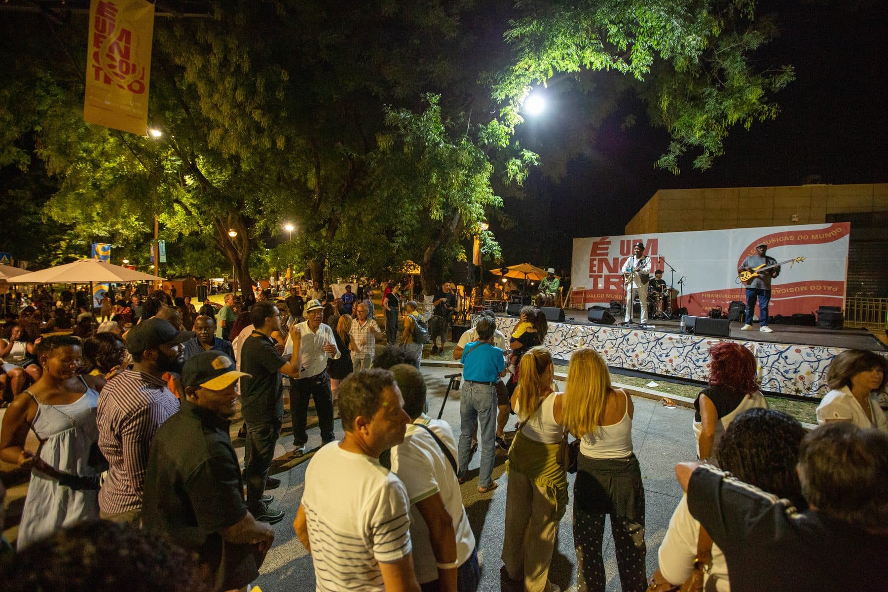 Público de pé em frente ao palco à noite, com uma banda a tocar ao fundo